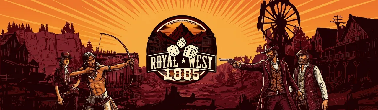 Ilustración de Royal West 1885: una pistolera, un arquero nativo y dos forajidos ante un pueblo del Oeste al atardecer.