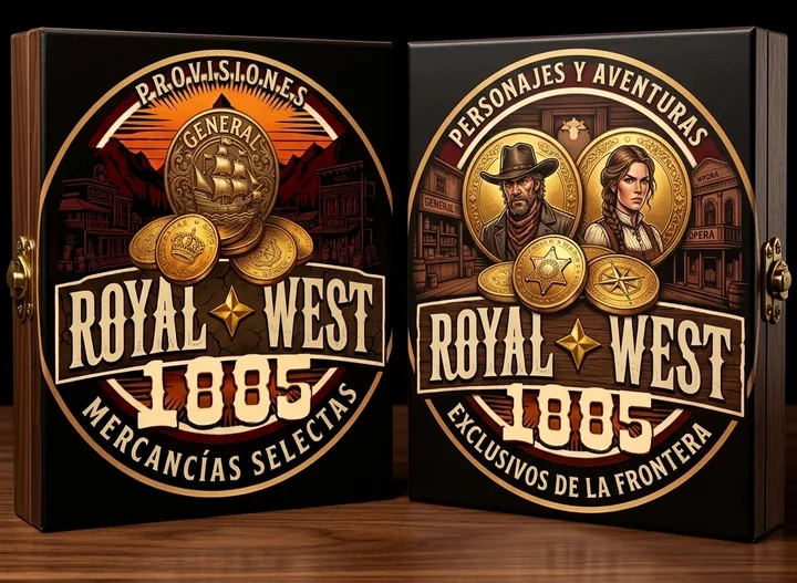 Dos cajas de madera con el sello de Royal West 1885: Provisiones y Personajes y aventuras.